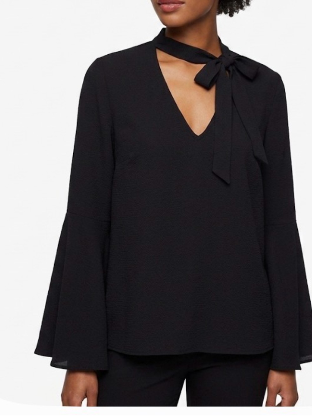 Source Unknown Black Tie-Neck Bell Sleeve Top